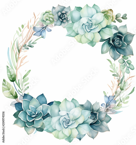 Colorful watercolor wreath created with succulents and delicate foliage. Perfect for invitations, cards, or home decor, showcasing a blend of serene hues