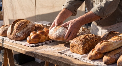 Baker's hands arranging freshly baked artisan bread loaves on a rustic wooden table at an outdoor farmer's market