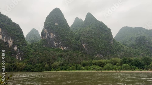 Scenic view of fast river current and karst mountains from riverbank in Yangshuo, China