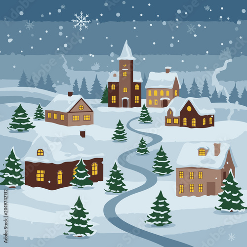 Winter village scene with snow-covered houses and trees at night. Winding pathway through snowy landscape with glowing windows in the buildings.