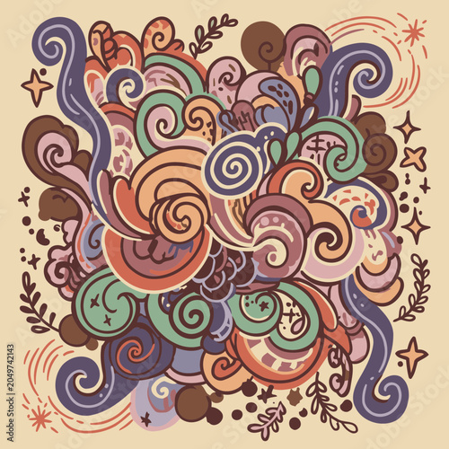 Abstract swirl design with various colors and patterns. Colorful doodle art with swirling patterns and decorative elements on a beige backdrop.