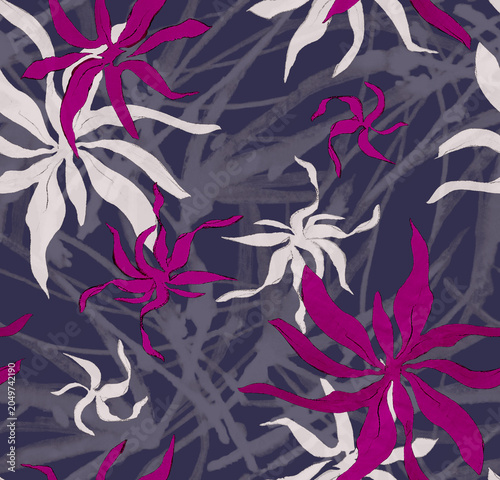 Hand-drawn abstract floral seamless pattern. Vibrant magenta and white flowers on dark navy background. Expressive brush stroke raster textile design.