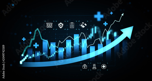 Canvastavla Healthcare financial growth chart with glowing medical icons and rising arrow on dark digital background highlighting economic progress
