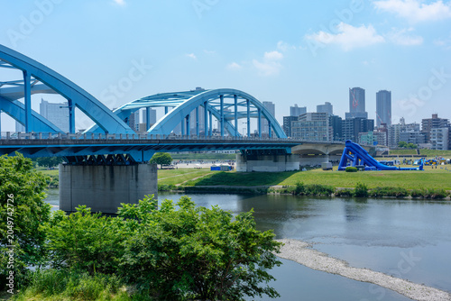 Fényképezés 多摩川と丸子橋 武蔵小杉の街並みと東急沿線の風景