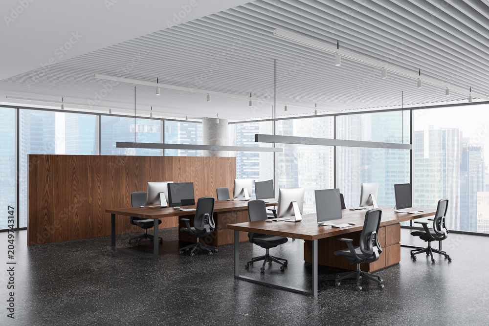 Fototapeta Modern open plan office interior with wooden desks, ergonomic chairs, panoramic city windows and contemporary design elements. 3D Rendering