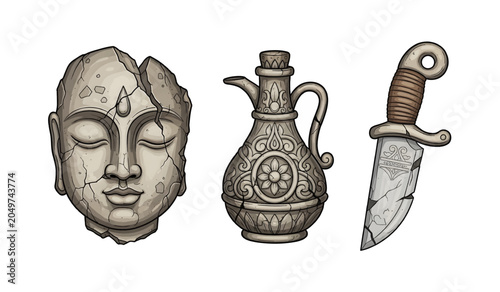 Collection of Ancient Buddha Head And Antique Objects.