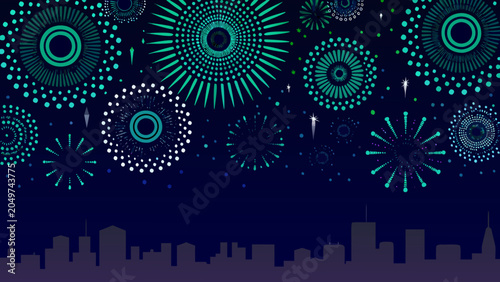 Fireworks display vector illustration with a city skyline silhouette against a dark blue background celebration firework