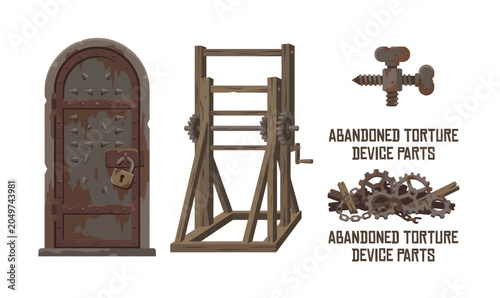 Collection of Abandoned old wooden torture rack device.