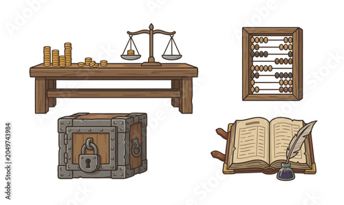 Collection of Vintage office antique wooden desk items.