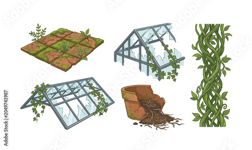 Collection of Greenhouse structures and plant vines.