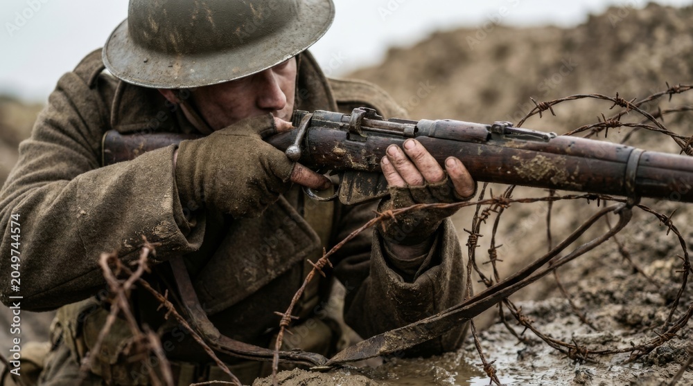 Fototapeta premium Soldier in a world war i helmet aiming a sniper rifle in a foggy battlefield