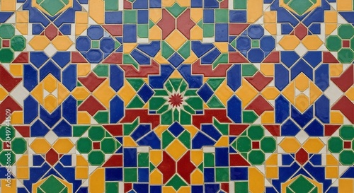 Vibrant Geometric Mosaic Pattern with Intricate Star and Floral Designs.