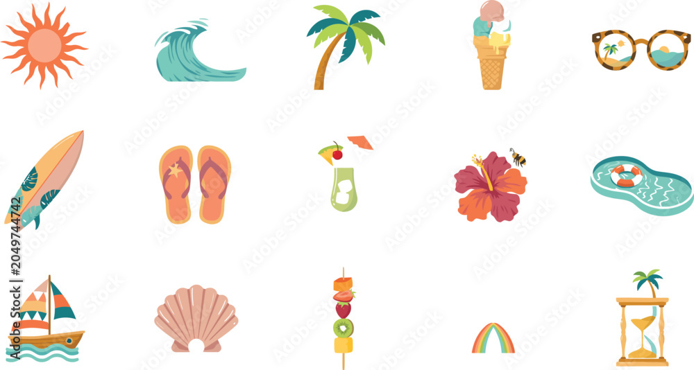 Obraz premium Colorful summer vacation icons set