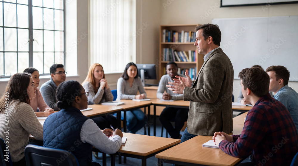 Obraz premium Teacher leading seminar discussion with diverse students seated around desks in classroom showing higher education mentorship group learning college leadership training academic mentorship
