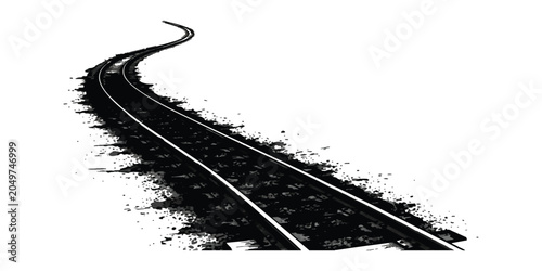 Картината върху платно Black and white illustration of a winding railway track curving into the distanc