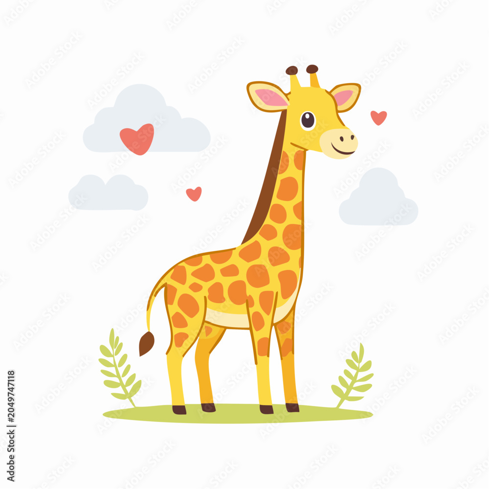 Fototapeta premium Cute Cartoon Giraffe with Hearts and Clouds