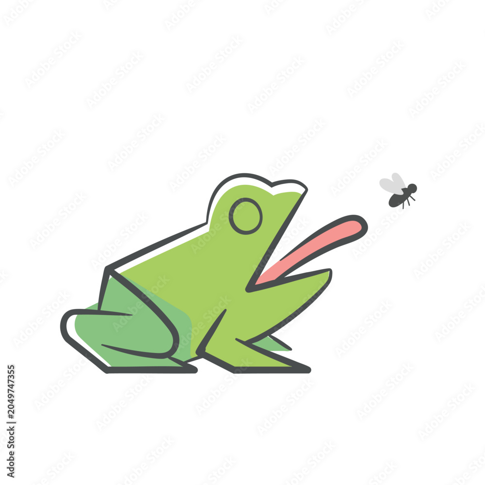 Fototapeta premium Cartoon Frog Hunting a Fly with its Tongue Out.