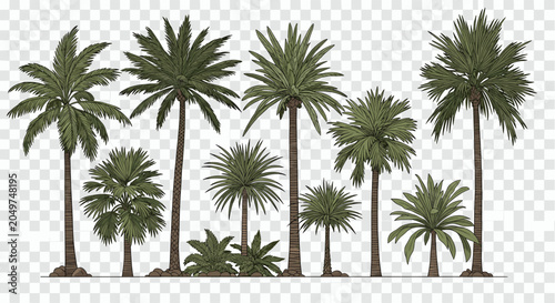 Detailed set of various palm tree species including tall and short varieties with green fronds on a transparent base.