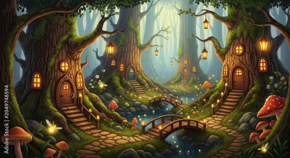 Fototapeta premium Whimsical fantasy forest with glowing houses.