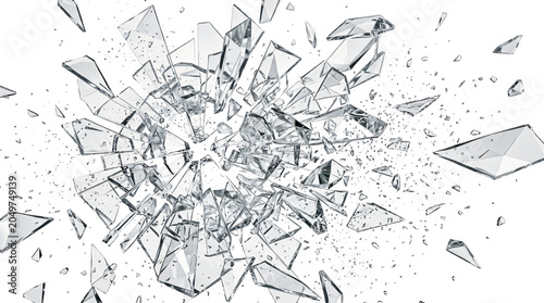 Exploding transparent glass shards flying outward on a clean white background