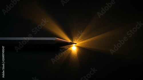 Sharp pencil tip emitting bright golden light rays on dark background creativity concept