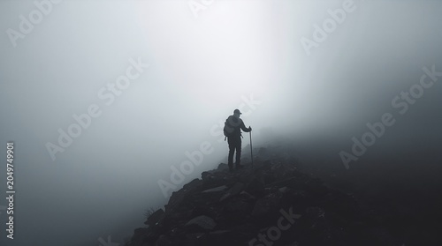 Lone hiker silhouette standing on misty mountain peak with trekking pole adventure concept