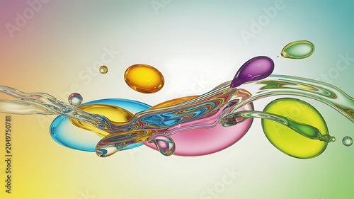 Abstract fluid with swirling colorful liquid shapes and droplets against a soft gradient background