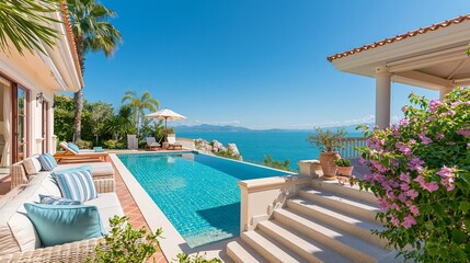 Sunny beach villa offers stunning ocean views. Dreamy summer holidays await at this luxurious tropical spot.