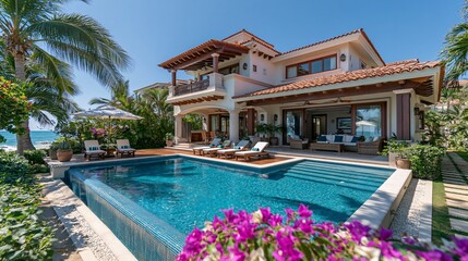 Sunny beach villa offers stunning ocean views. Dreamy summer holidays await at this luxurious tropical spot.