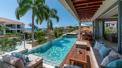 Sunny beach villa offers stunning ocean views. Dreamy summer holidays await at this luxurious tropical spot.