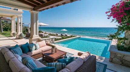 Sunny beach villa offers stunning ocean views. Dreamy summer holidays await at this luxurious tropical spot.