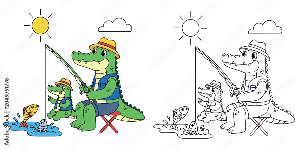 Naklejka premium Father and Son Alligators Fishing - Cute Cartoon Family Outdoor Fun
