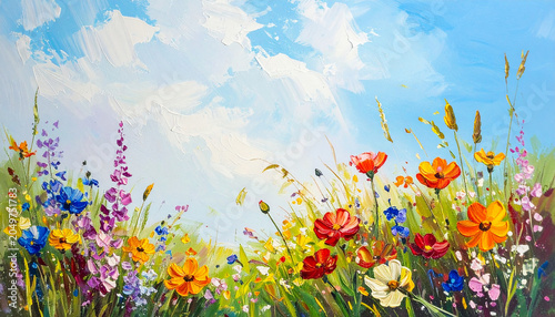 Beautiful wildflowers painted in oil under soft blue sky, abstract floral brushstrokes, bright and airy composition, modern art, calming nature-inspired painting.