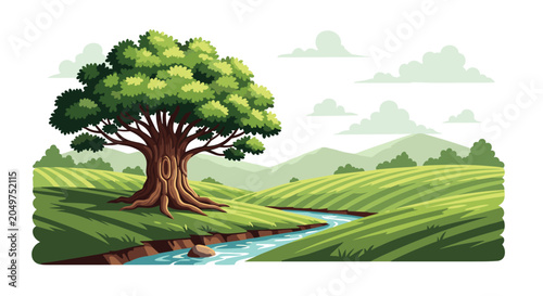 Large old oak tree standing in a lush green valley with a small winding river flowing through the rolling hills.