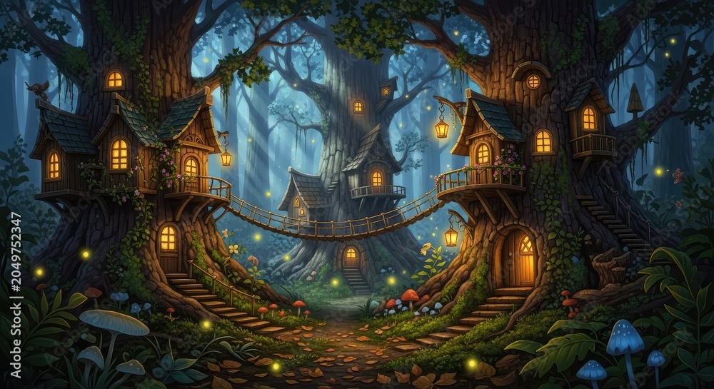 Fototapeta premium Whimsical treehouse village in forest.