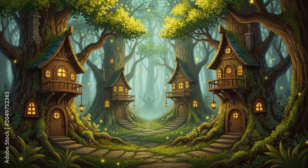Fototapeta premium Whimsical treehouses in mystical forest scene.