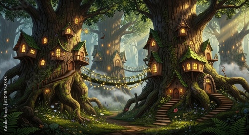 Whimsical treehouses in mystical forest landscape.