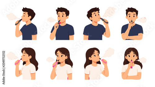 Photos Set of young people using electronic cigarettes in flat style