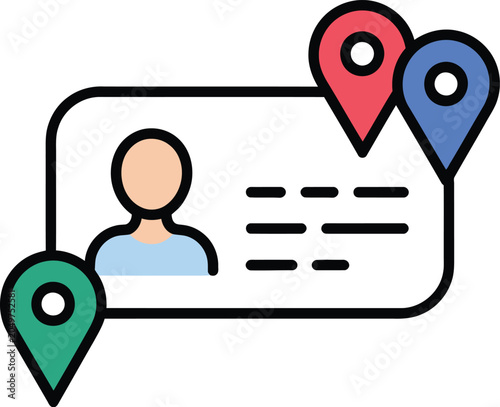 Flat of a rectangular id card with a person silhouette, three colorful map location pins, and lines representing text information