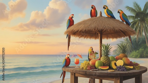Colorful macaws perched on a thatched umbrella with tropical fruit and drinks on a beach at sunset
