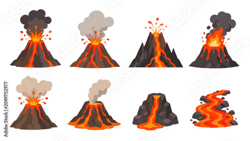 Fotografie Set of erupting volcanoes and flowing lava in flat vector style