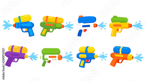 Foto Set of colorful water gun toy blasters spraying water