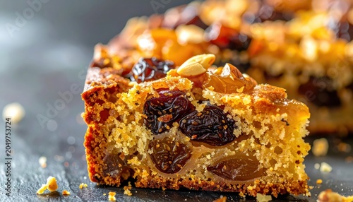 A delectable slice of rich fruitcake adorned with raisins and nuts, showcasing its moist interior and golden crust.