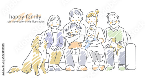A smiling three-generation family sitting on a sofa; a soft, watercolor-style illustration.