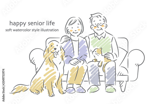 A smiling senior couple sitting on a sofa; a soft, watercolor-style illustration.