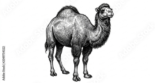 Title: Front Facing Camel Hand Drawn Engraving Vector Illustration with Detailed Vintage