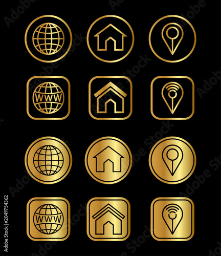 Luxury gold web icons set, 12 metallic golden website buttons on black background, elegant home globe and location pin vector symbols