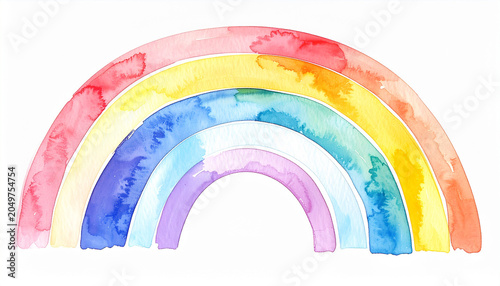 Cute abstract watercolor rainbow illustration, soft pastel gradient colors, hand-painted children book style, isolated on clean white background, delicate brushstrokes.