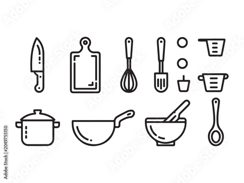 Kitchen utensils and tools icons set including knife cutting board whisk spatula frying pan pot bowl spoon ladle measuring cups and spoons for cooking and baking  kitchen utensils and tools icons set