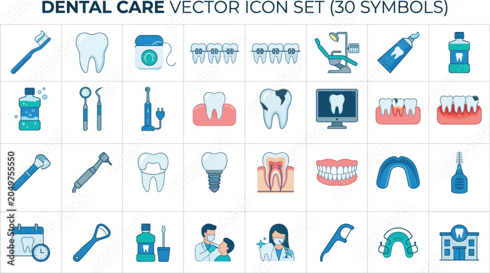 Fototapeta premium Set of dental care icons for dentistry and oral hygiene with healthcare stomatology orthodontics equipment cleaning treatment procedure mouthwash dentistry professional practice pictogram